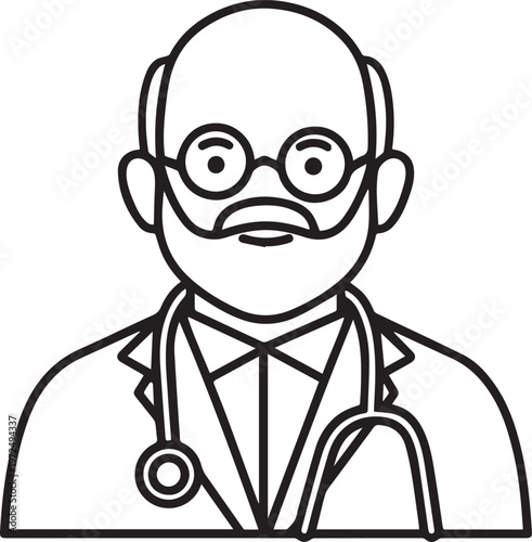 Hand Drawn Elderly Male Doctor Black and White Illustration in Minimal Line Art Style Design