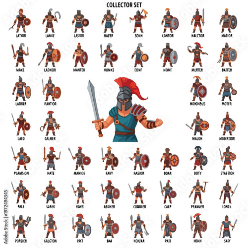 Collection of Ancient Roman Gladiator Warrior Character Icons.
