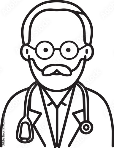 Hand Drawn Elderly Male Doctor Black and White Illustration in Minimal Line Art Style Design