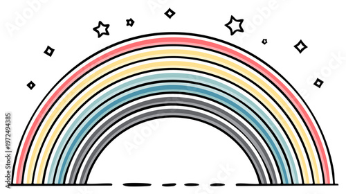 Colorful rainbow illustration with stars graphic design element isolated