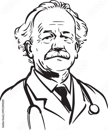 Hand Drawn Elderly Male Doctor Black and White Illustration in Minimal Line Art Style Design