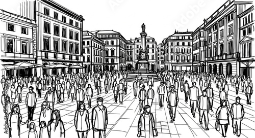 A Bustling City Square - A Crowd of People in a Public Space.