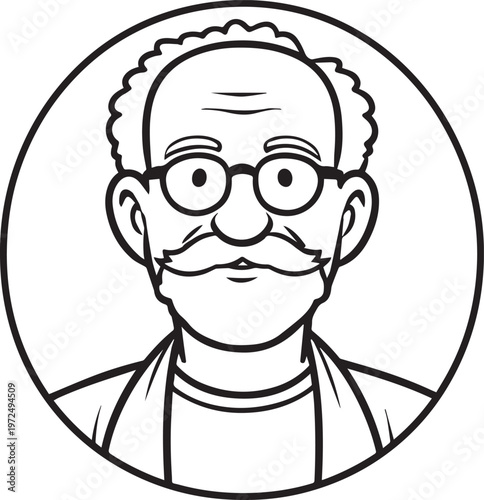 Hand Drawn Elderly Male Doctor Black and White Illustration in Minimal Line Art Style Design