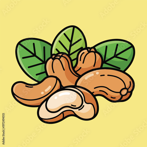 Cartoon cashews with green leaves.