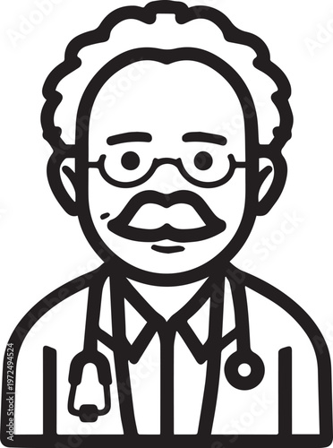 Hand Drawn Elderly Male Doctor Black and White Illustration in Minimal Line Art Style Design