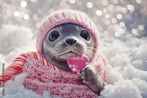 Adorable seal pup wearing knitted hat holding heart in snowy setting