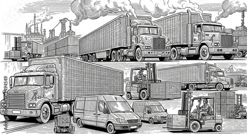 A Congested Scene of Various Trucks and Vehicles in a Busy Area.