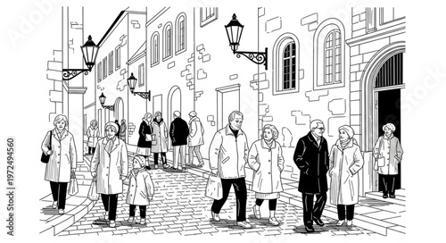 A bustling street scene with pedestrians and historic buildings.