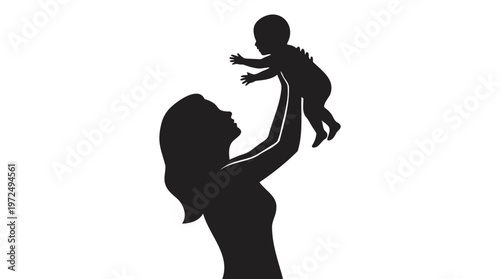 Silhouette of a loving mother playfully lifting her baby, symbolizing the strong connection, care, and happiness of family