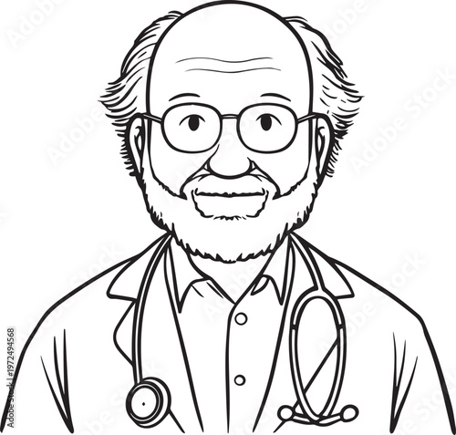 Hand Drawn Elderly Male Doctor Black and White Illustration in Minimal Line Art Style Design