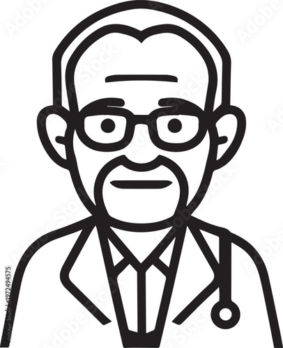 Hand Drawn Elderly Male Doctor Black and White Illustration in Minimal Line Art Style Design