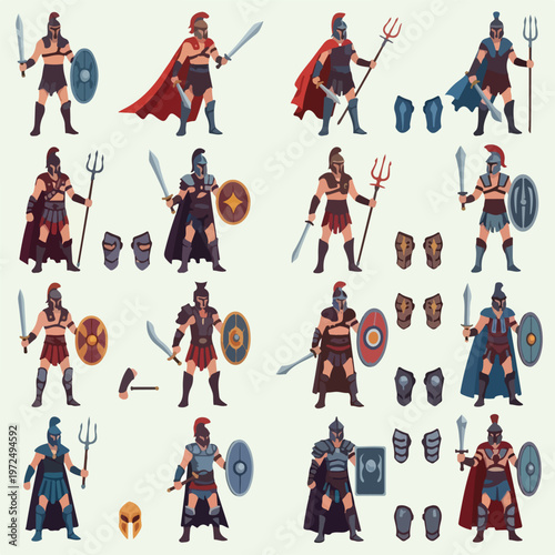 Collection of gladiator and ancient warrior character sprites for game design.