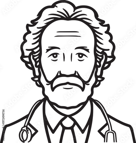 Hand Drawn Elderly Male Doctor Black and White Illustration in Minimal Line Art Style Design