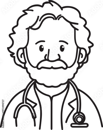 Hand Drawn Elderly Male Doctor Black and White Illustration in Minimal Line Art Style Design
