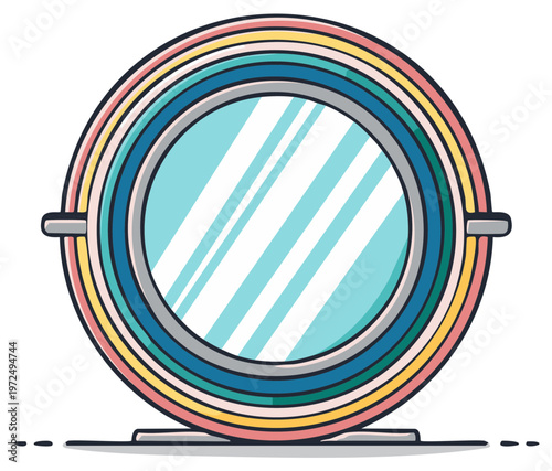 Colorful Circular Mirror with Reflections on a Stand
