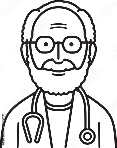 Hand Drawn Elderly Male Doctor Black and White Illustration in Minimal Line Art Style Design