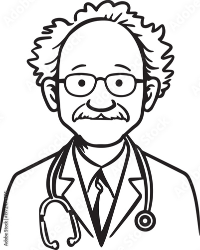 Hand Drawn Elderly Male Doctor Black and White Illustration in Minimal Line Art Style Design