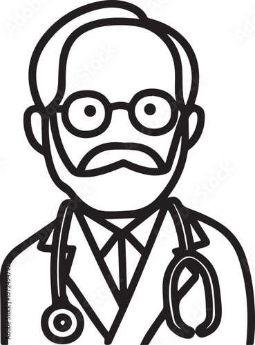 Hand Drawn Elderly Male Doctor Black and White Illustration in Minimal Line Art Style Design