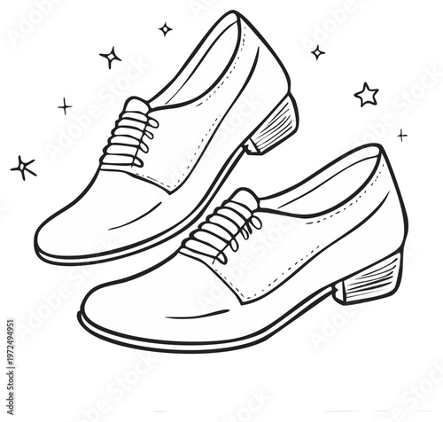 Classic Black Leather Oxford Shoes with Decorative Sparkles and Stars Hand Drawn Style