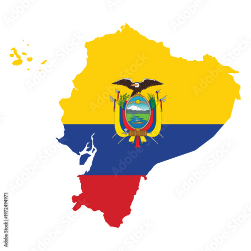 Ecuador Map Silhouette Filled With National Flag Colors and Emblem