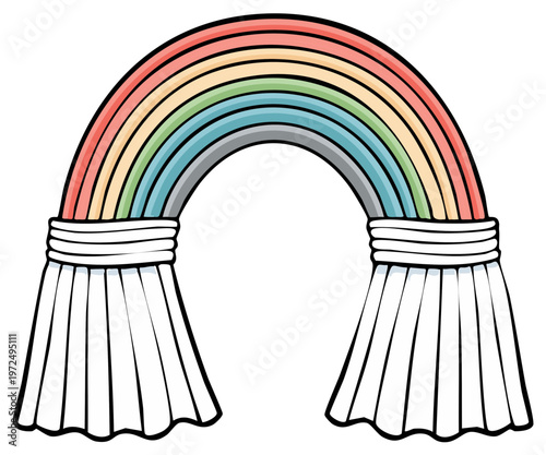 Rainbow arch decoration with tassels vector illustration for banners greeting cards and party decorations. Graphic art with fantasy element isolated on a white background