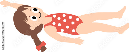 Little girl swimming backstroke in red polka dot swimsuit 2D flat vector