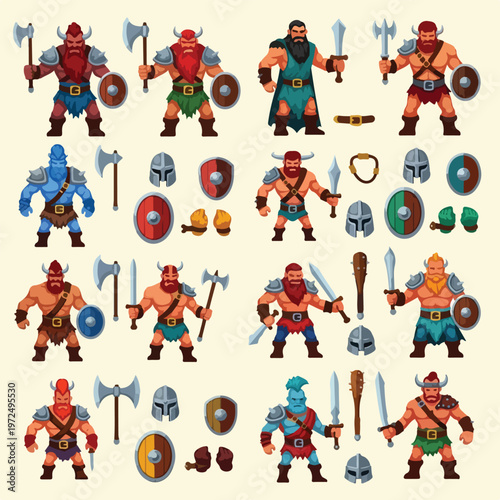 Cartoon fantasy warriors with weapons.