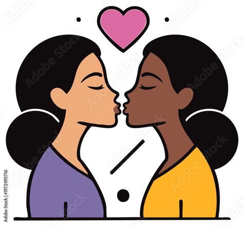 Diverse female couple kissing with a love heart icon vector illustration