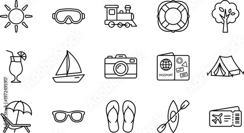 Set of summer travel line icons including passport, camera, sunglasses, beach chair, tent, cocktail, kayak, plane tickets, sun and camping