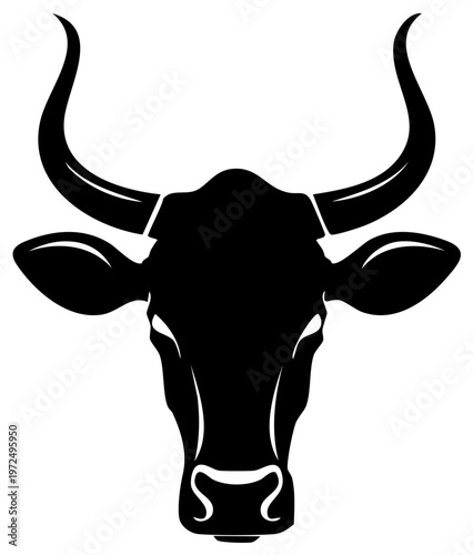 Black silhouette of a bull head with large curving horns in a minimalistic vector design