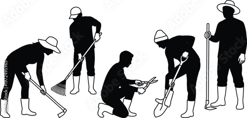 Group of Gardeners Silhouette Isolated on White, People Working in Garden with Tools, Farming and Landscaping Concept, Set of Farmers
