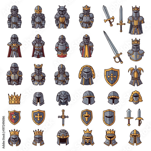 Collection of hand drawn medieval knight armor helmets swords and shields icons.