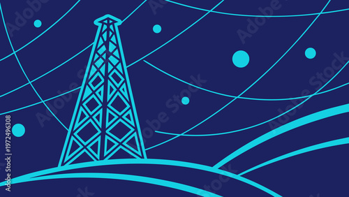 Vector illustration of a space shuttle launching near a glowing space station in a dark night sky with a modern digital technology style