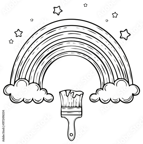 Whimsical Rainbow with Clouds, Stars, and Paintbrush Illustration Art for Coloring or Design