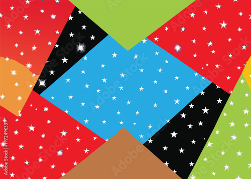 Irregular geometric shards in vibrant primary and secondary colors are filled with a dense pattern of white hand-drawn stars and glowing sparkles.