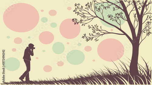 Vector illustration of a tree in a park with people, family, and children enjoying nature in a beautiful spring landscape