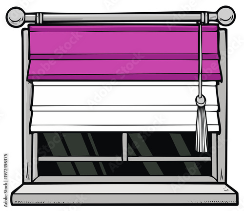 Cartoon illustration of a window with purple and white horizontal blinds partially open