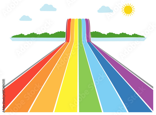 Bright Rainbow Cascade from Green Island under Sunny Skies Artwork Graphic