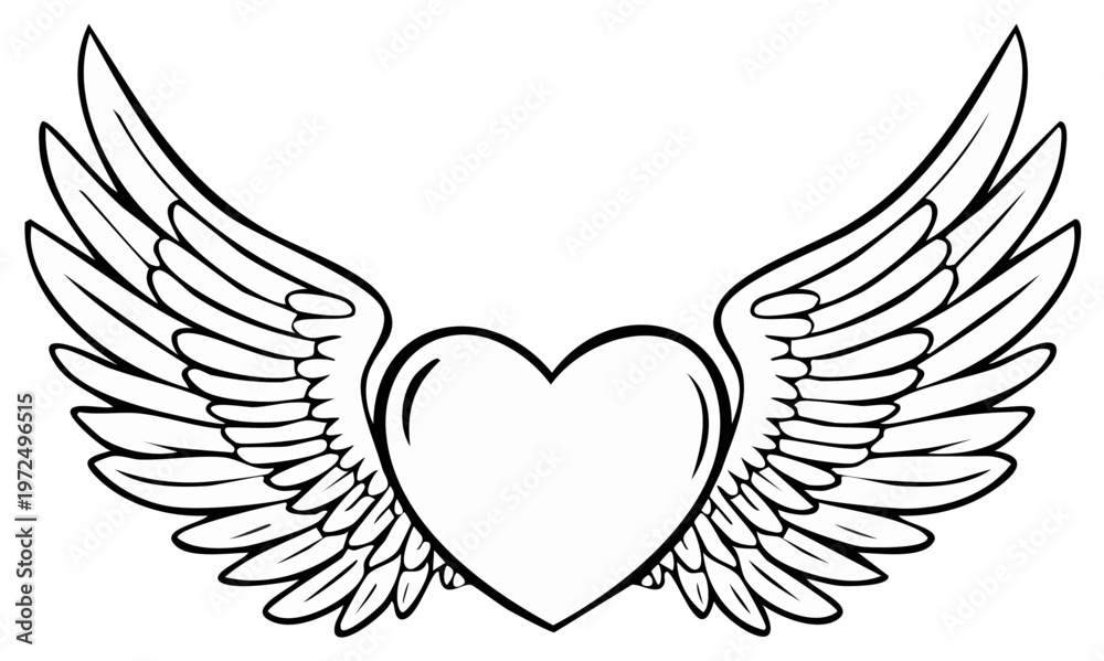 Fototapeta premium Stylized heart shape with spread wings in a simple line drawing art style.