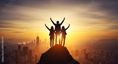 Business Team Celebrating Success on Mountain Peak with Cityscape Sunset