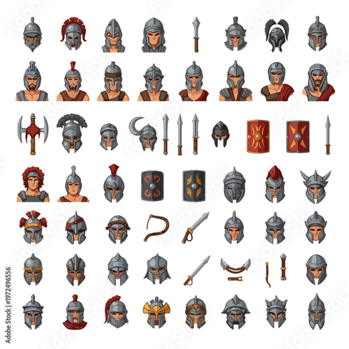 Collection of ancient roman soldier helmets and medieval weaponry icons.