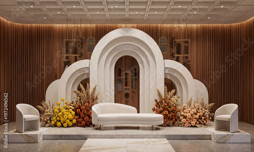 Elegant modern event stage decoration with white arched backdrop, lounge furniture, and warm floral arrangements