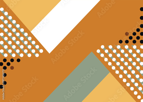 Large blocks of orange mustard and sage green are intersected by two diagonal bands of black and white dots across the geometric field of color.