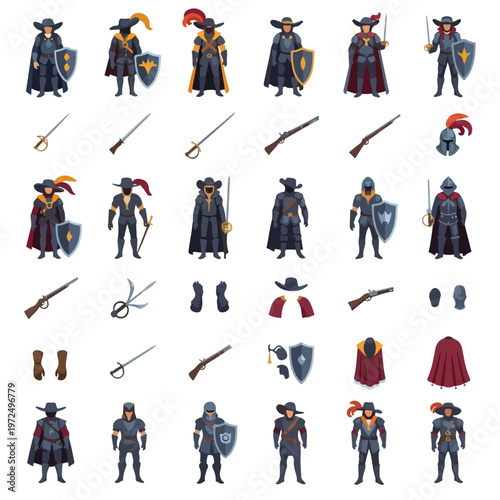 Collection of Musketeer and Historical Soldier Character Icons and Equipment.