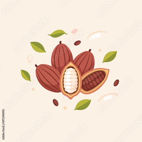 Illustration of raw cocoa beans and cacao pods with green leaves.