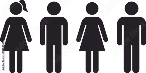 Male and female restroom icons, gender symbols silhouettes, equality concept illustration, public bathroom signage, minimalist vector design, flat modern graphic