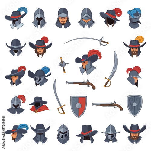 Collection of Musketeer and Knight Helmets Hats Swords and Pistols.