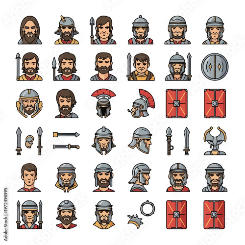 Collection of Ancient Roman Soldiers and Equipment Icons.