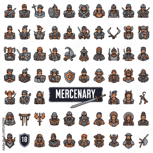 Collection of hand drawn mercenary character icons and fantasy warrior avatars.