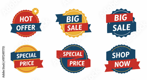 Set of bold promotional badges and labels including "Hot Offer," "Big Sale," and "Special Price" for retail marketing on isolated white background.